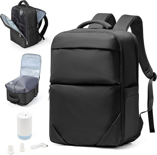Vacuum Backpack Travel for Women Men, Travel Backpack with Vacuum System, Small Compression Backpacks Flight Approved, Travel Vacuum Bags with 14inch Laptop Compartment, Contain Pump, Black