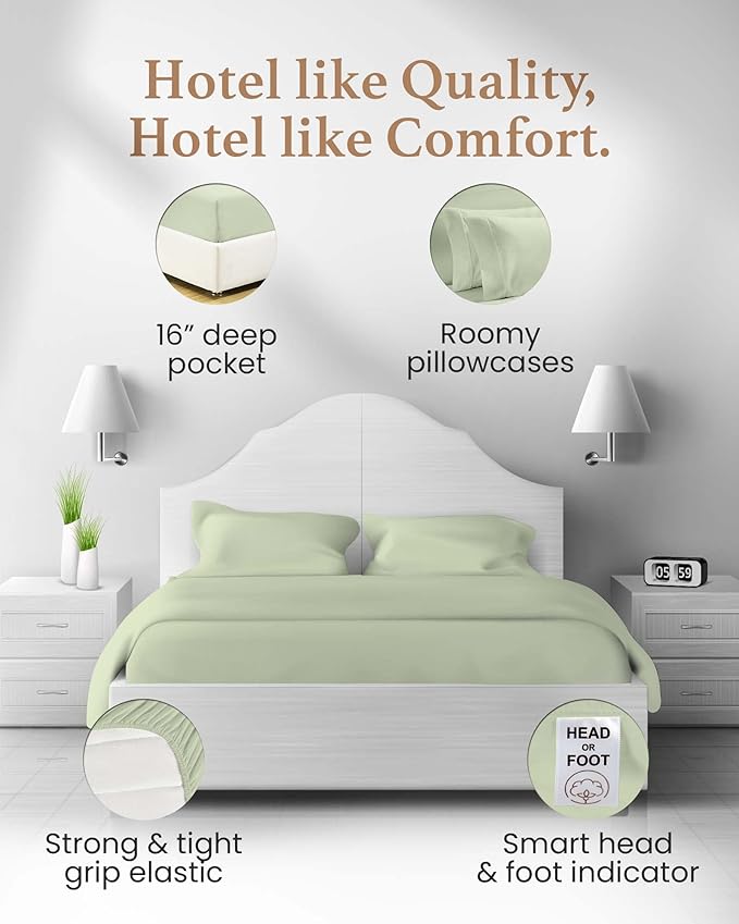 Egyptian Cotton Sheets King Size, 4 Pc Luxury Set, 100% Cotton, 16" Deep Pocket, Sateen, Sage GoodSleepBedding