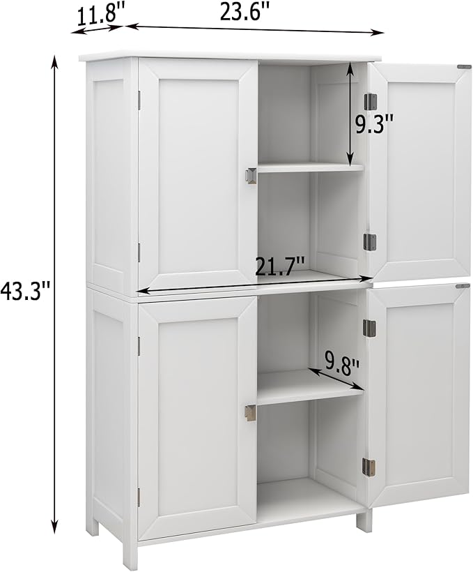 TaoHFE 2 Tier White Bathroom Storage Cabinet,Wood Bathroom Cabinets Freestanding with 4 Door Organizers Storages with Adjustable Shelves, Storage Cabinet for Living Room,Laundry Room,White
