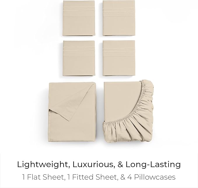 Mellanni Full Sheet Set - 6-Piece Iconic Collection Bedding, (Including 4 Pillowcases), 21-Inch Extra Deep Pocket, Easy Care, Ultra Soft, Cooling Sheets, Brushed Microfiber - Beige