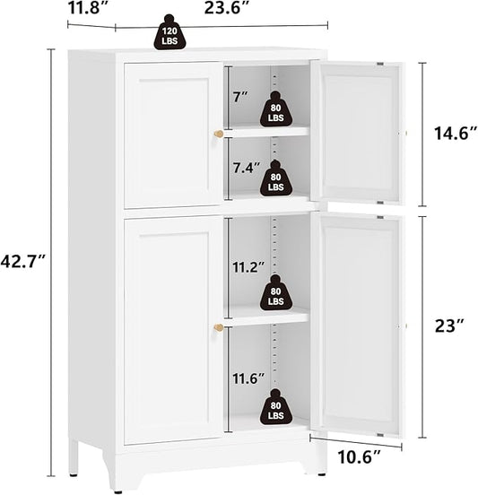 Metal Bathroom Storage Cabinet, Freestanding Storage Cabinets with 4 Doors and 2 Adjustable Shelves,White Metal Floor Cabinet for Restroom, Kitchen,Living Room,Hallway
