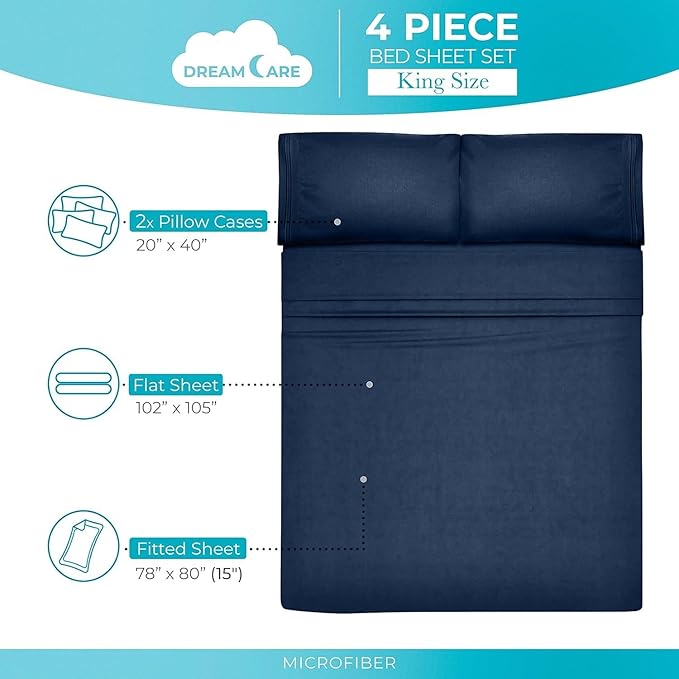 DREAMCARE King Size Sheets Set - Cooling Bed Sheets - 4pcs Set - up to 15" Deep Pocket King Sheet Set – Soft & Long Lasting Cooling - 100% Fine Brushed Polyester with Side Pocket - Navy Blue DREAMCARE