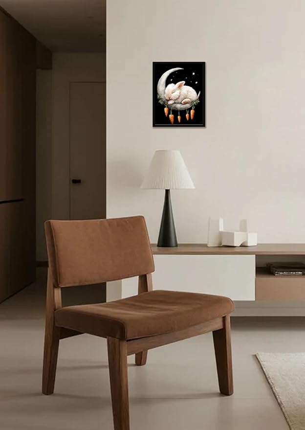 Funny Animal Black And White Wall Art Print Rabbit On The Moon Cute Poster Canvas Art Wall Decor Picture For Bedroom Dorm Bathroom Wall Decor Aesthetic Home Artwork 12" × 16" With Framed