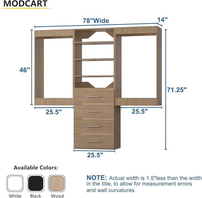 Modular Closet System, 78" Wide Closet Organizer System with Hanging and Drawers, Wood Tower Closet Storage for Walk In Closets, Wall Mounted Wardrobe Organizer Kit System, Bedroom, Wood