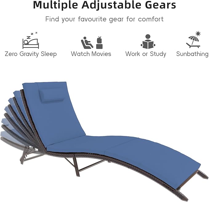 Patio Chaise Lounge Set 3 Pieces Pool Lounge Chairs,Cushioned Outdoor Folding Lounge Chair w/Rattan Adjustable Backrest for Poolside Porch,Folding Table Included,NavyBlue