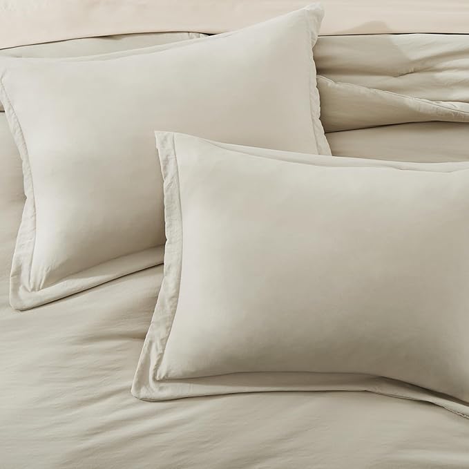 WRENSONGE Oversized Queen Comforter Set - 7 Pieces Light Oatmeal Bed in a Bag Queen with Sheets, 2 Pillow Shams, and 2 Pillowcases- Warm Bedding Sets Queen for All Season