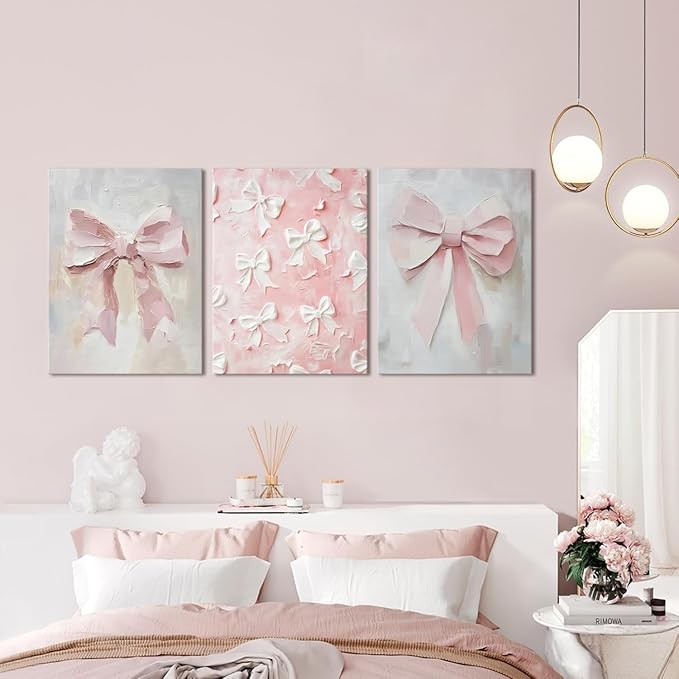 Pink Bow Canvas Wall Art Set of 3 Coquette Oil Painting Cute Bow Posters Wall Decor Trendy Preppy Print Picture for Back to School Bedroom Bathroom College Dorm 12x16 In Framed