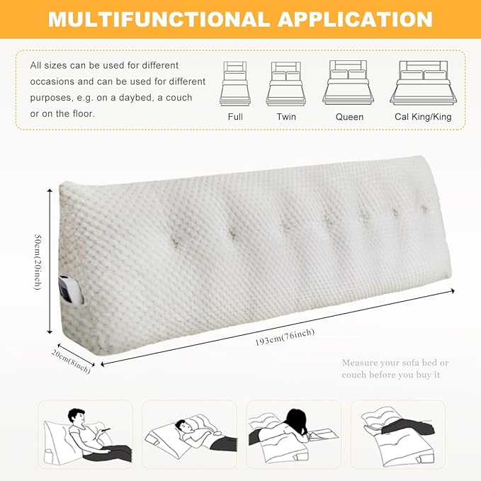 Large Triangular Headboard Wedge Pillow Soft and Supportive Headboard Backrest Positioning Support Bolster Cushion, Bed Wedge Pillow with Removable Cover(White,King,76x8x20inch)