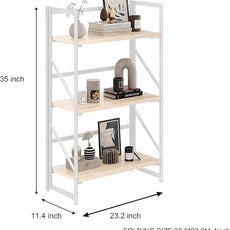 JSB No Assembly Folding Bookshelf, 3 Tier Industrial Metal Book Shelf for Storage, Vintage Wood Foldable Bookcase for Living Room, Bedroom, Office Organization Shelves