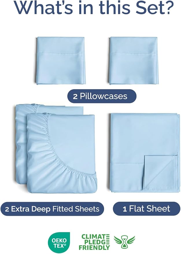 Extra Deep Pocket Split King Sheets - 5 Piece Breathable & Cooling Bed Sheets - Hotel Luxury Bed Sheet Set - Soft, Wrinkle Free & Comfy - Easily Fits Extra Deep Mattresses - Light Blue Sheets Set