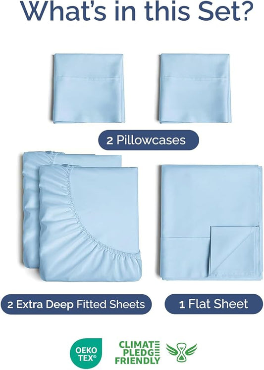 Extra Deep Pocket Split King Sheets - 5 Piece Breathable & Cooling Bed Sheets - Hotel Luxury Bed Sheet Set - Soft, Wrinkle Free & Comfy - Easily Fits Extra Deep Mattresses - Light Blue Sheets Set