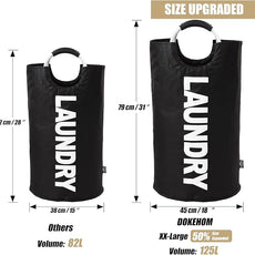 DOKEHOM 125L X-Large Laundry Basket, Collapsible Laundry Bag, Freestanding Tall Clothes Hamper, Foldable Washing Bin (Black)