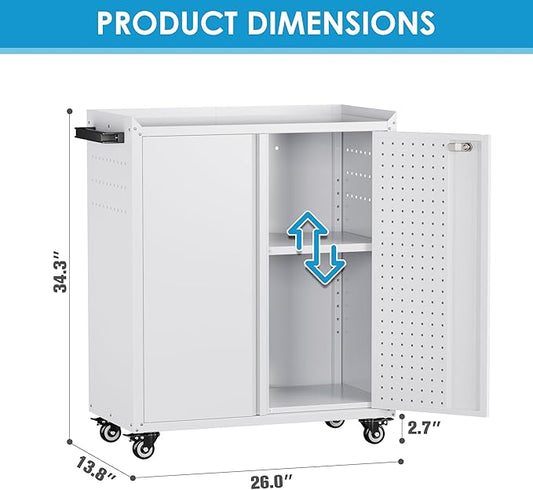 SUXXAN Metal Storage Cabinet with 2 Doors and 4 Hooks,34" H Top Workbench Mobile Tool Chests Garage Cabinets with 4 Wheels and Lock/Push Arm for Home,Office,Shop(White)