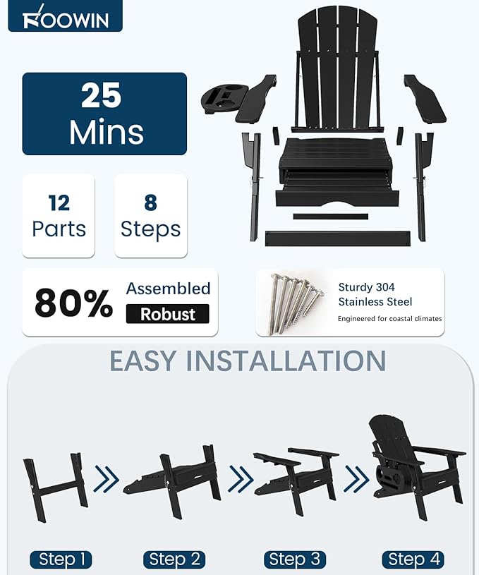 FOOWIN Folding Adjustable Adirondack Chair with Retractable Ottoman Set of 4,HDPE Adirondack Chair w/4 in 1 Cup Holder Trays,All-Weather Resistant Fire Pit Chair for Outdoor Patio Lawn, Black