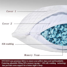 NTCOCO Shredded Memory Foam Bed Pillows for Sleeping Standard Size, with Washable Removable Hypoallergenic Sleep Pillow for Back and Side Sleeper