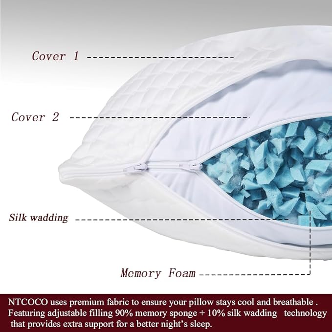 NTCOCO Shredded Memory Foam Bed Pillows for Sleeping Standard Size, with Washable Removable Hypoallergenic Sleep Pillow for Back and Side Sleeper