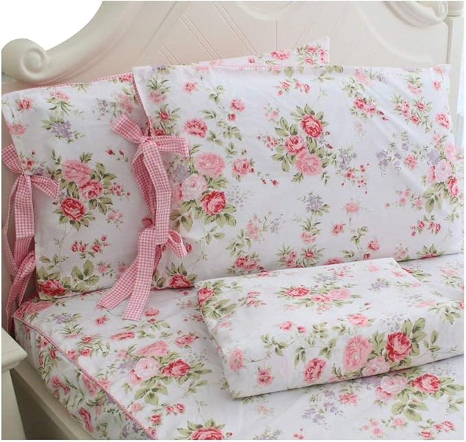 FADFAY Sheet Set Cal King Farmhouse Bedding Vintage Rose Floral Bedding 100% Cotton Super Soft Summer Sheet Deep Pocket Fitted Sheet 4-Pieces California King Size