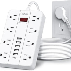 10 Ft Long Extension Cord,Power Strip Surge Protector HUNIAN Flat Plug with 8 Widely Spaced Outlets 6 USB(1 USB C Port), Wall Mount Charging Station for Home and Office,White