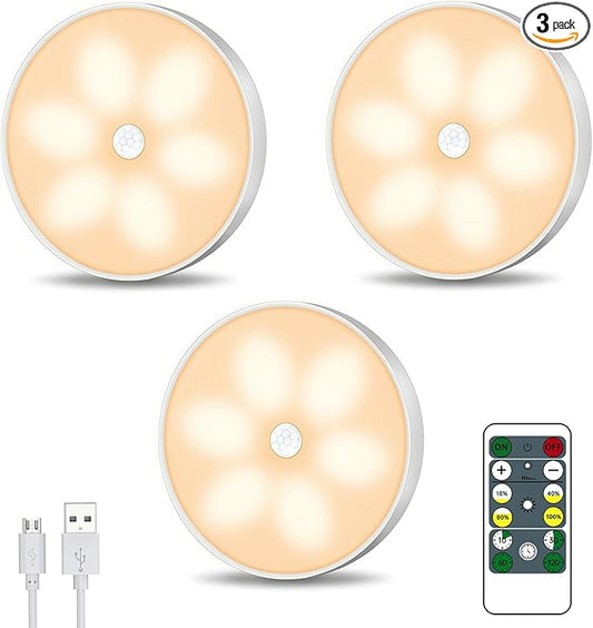 Warm Color LED Closet Lights Motion Sensor Step Light, USB Rechargeable Battery Operated Puck Lights, Dimmable Under Cabinet Counter Lighting for Wardrobe Kitchen (3 Pack)