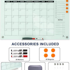 TSJ OFFICE Glass Calendar Whiteboard - 36 x 24 Inches Wall Mounted Monthly Dry Erase Calendar for Wall, Large Magnetic Glass White Board for Office, Home & School