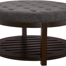 24KF Large Round Upholstered Tufted Linen Ottoman Coffee Table, Large Footrest Ottoman with Wood Shelf Storage,Dark Gray
