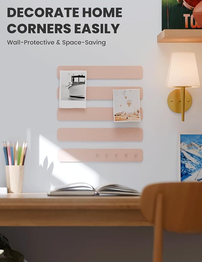 Cork Board Alternative Felt Strip Board 5-Pack 13"x2", Office Pin Board with 35 Push Pins, Adhesive Install for Bedroom Door & Home Office(Pink)