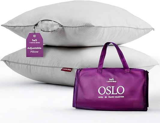 IWS I WANNA SLEEP Oslo Hotel Collection Bed Pillows Standard/Queen Size Set of 2 - Original Down Alternative Pillow, Adjustable Luxury Pillow for Side, Back and Stomach Sleepers, Norway Designed