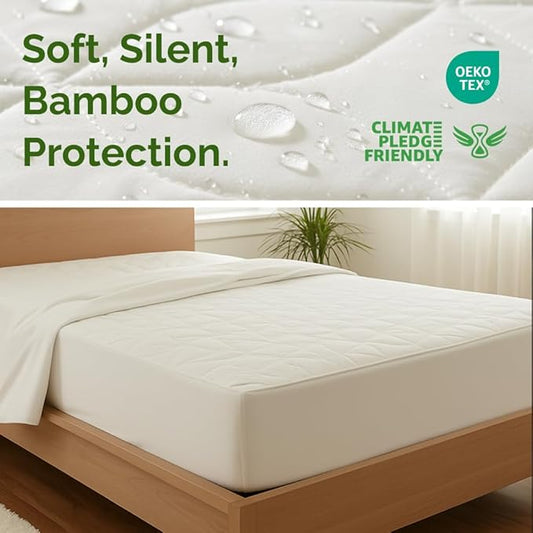 Waterproof Cooling Mattress Protector - Mattress Cover Twin Size Bed - Viscose Made From Bamboo - Soft, Breathable, Noiseless & Washable - Fitted Sheet Style & All Round Protection - (39" x 75") White