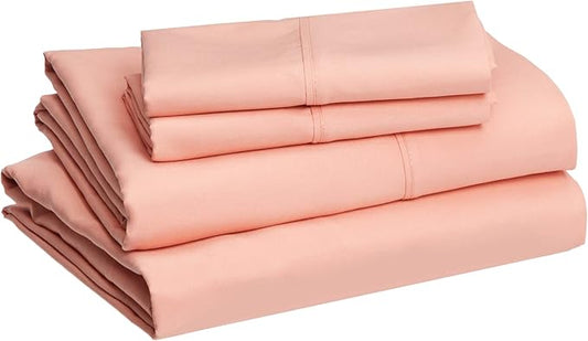 Amazon Basics Lightweight Super Soft Easy Care Microfiber 4-Piece Bed Sheet Set with 14-Inch Deep Pockets, Includes Comfortable Pillowcases, Queen, Peachy Coral, Solid AmazonBasics