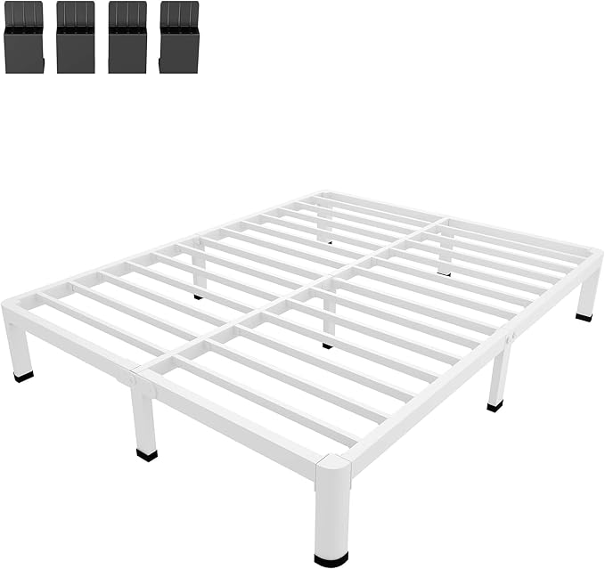 MAF 10 Inch King Size Bed Frame White with Round Corner Legs Mattress Slide Stopper No Box Spring Needed Heavy Duty Metal Platform Bed Frames Under-Bed Storage Space, 3000 LBS Steel Slats Support