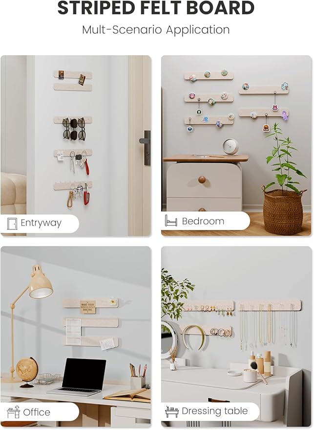 Cork Board Alternative Felt Strip Board 5-Pack 13"x2", Office Pin Board with 35 Push Pins, Adhesive Install for Bedroom Door & Home Office(Oatmeal)