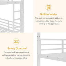 Full XL Over Full XL Bunk Bed, Metal Bunk Bed Frame Heavy Duty Bunk Beds Loft Bed Frame with Ladder and Guardrail Metal Slats No Box Spring Required for Adults Teens, White