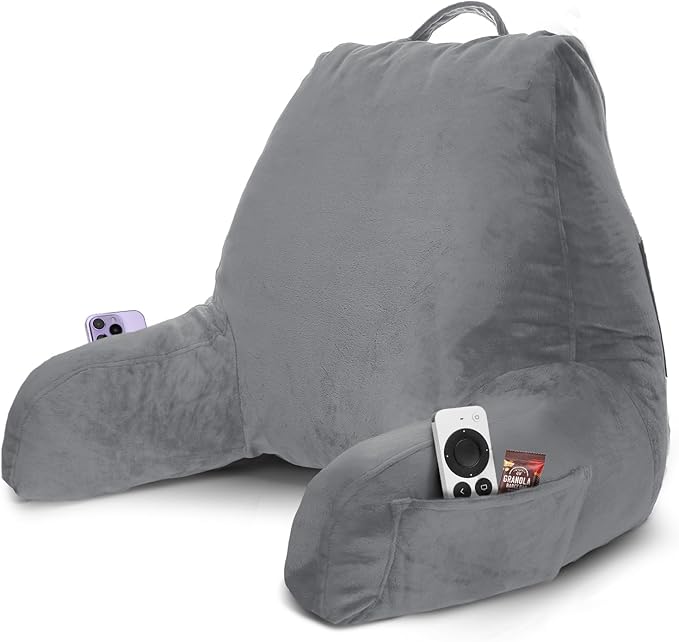 Nestl Reading Pillow with Shredded Memory Foam, Designed for Sitting Up in Bed and Couch, Back and Arms Adjustable Support for Adult & Teens Backrest Pillows for Reading, with Washable Cover Grey