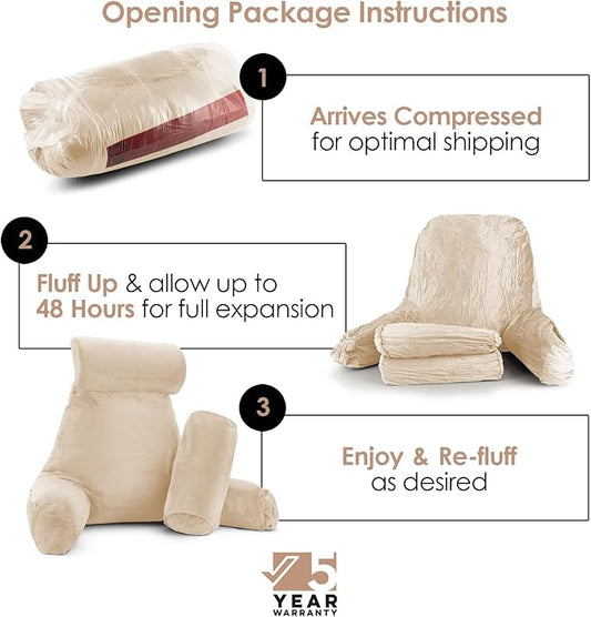 Nestl Reading Pillow with Shredded Memory Foam Includes 2 Neck and Lumber Support Pillows, Designed for Sitting Up in Bed and Couch, Back and Arms Adjustable Support for Adult & Teens, Beige Cream