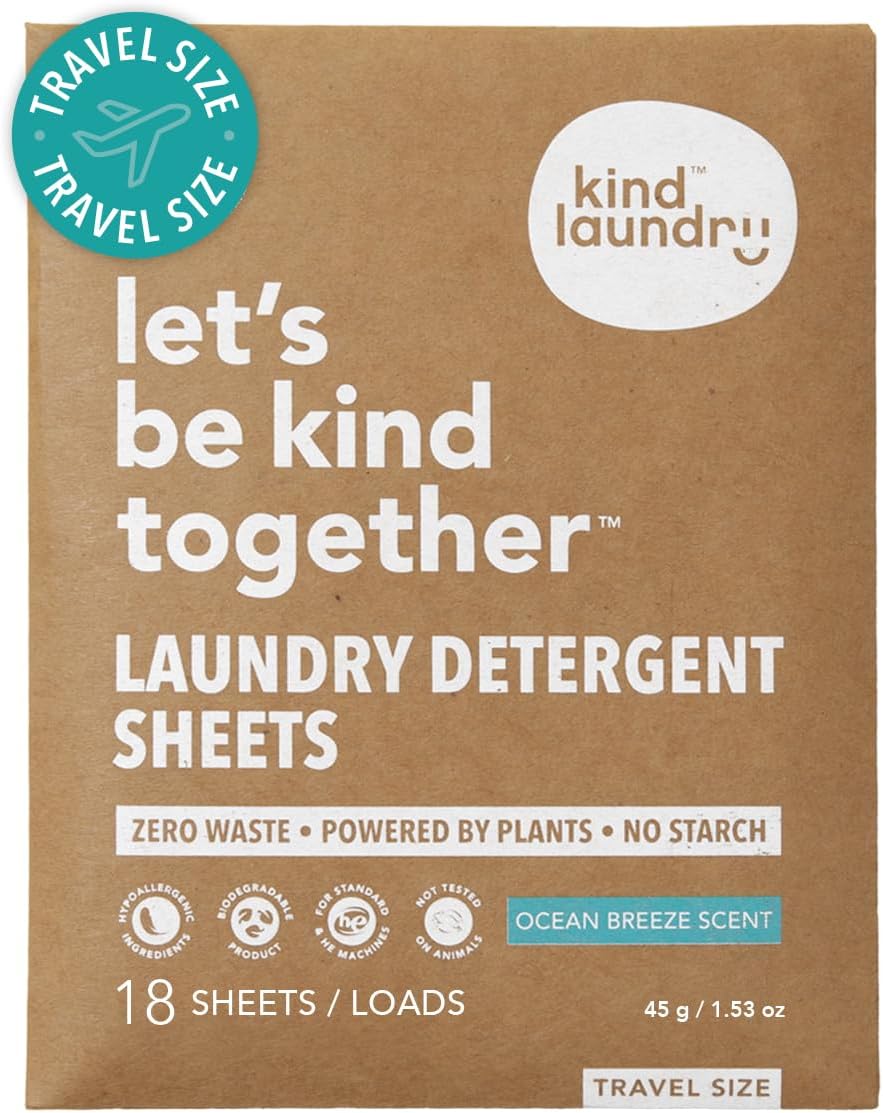 Kind Laundry Detergent Sheets – 32 Loads Ocean Breeze, EWG Verified, No Residue After Wash, Eco Plastic-Free Liquidless Laundry Soap, Non-Toxic Formula, for Sensitive Skin, Travel & Dorm Friendly