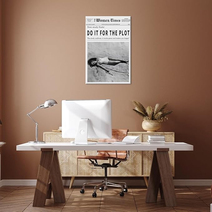 Vintage Women Times Do It for The Plot Wall Art Trendy Black and White Canvas Print Poster Vintage Woman Times Newspaper Prints Beachy Hot Girl Wall Decor for Bar Cart Girls Dorm Bedroom 12x16inch Framed