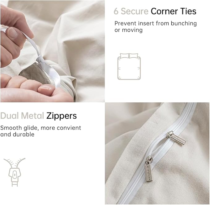 JELLYMONI Beige Duvet Cover Full Size - 100% Washed Cotton Linen Like Textured Comforter Cover, 3 Pieces Breathable Soft Bedding Set with Zipper Closure (Beige, Full 80"x90")