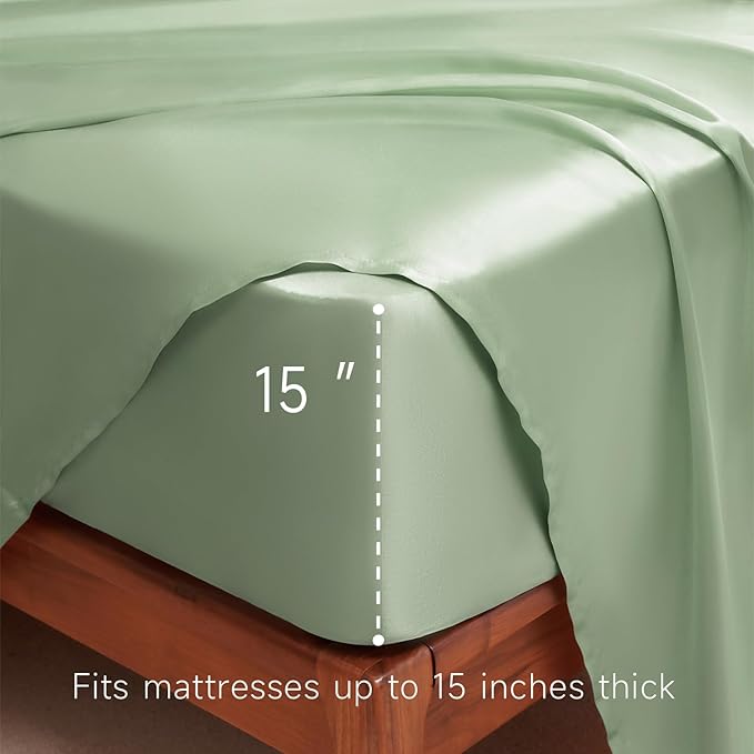 Satin Sheets King Size - 4 Pieces Luxury Silky Soft Bed Sheets, Wrinkle-Free Sage Green Satin Silk Sheet Set with 1 Deep Pocket Fitted Sheet, 1 Flat Sheet, 2 Pillow Cases