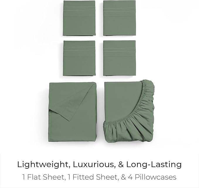 Mellanni California King Sheet Set - 6-Piece Iconic Collection Bedding, (Including 4 Pillowcases), 16-Inch Deep Pocket, Easy Care, Extra Soft, Cooling Sheets, Brushed Microfiber - Sage