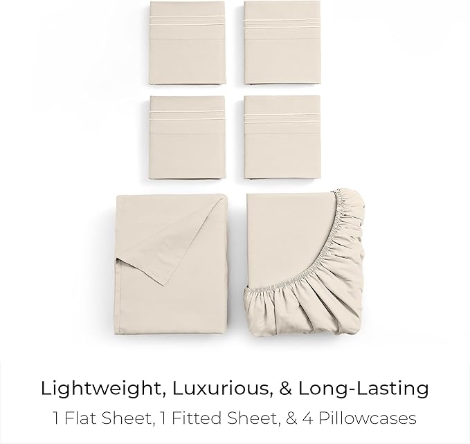 Mellanni King Sheet Set - 6-Piece Iconic Collection Bedding, (Including 4 Pillowcases), 16-Inch Deep Pocket, Easy Care, Extra Soft, Cooling Sheets, Brushed Microfiber - Golden Ivory