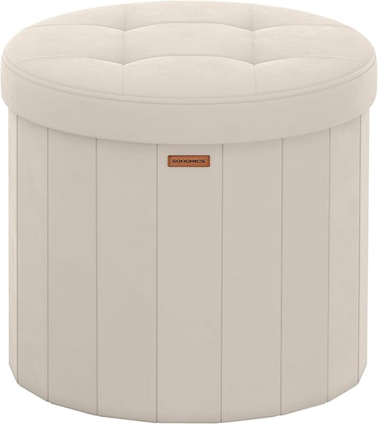 SONGMICS Mazie Collection - Round Storage Ottoman, Folding Footrest Stool with Removable Lid, Easy Assembly, Velvet Vanity Stool for Bedroom, Living Room, Entryway, Cappuccino Beige ULSF608L01