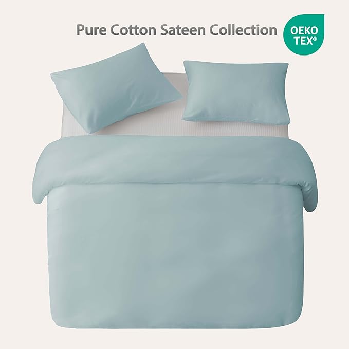 HeimenAogo Egyptian Cotton Duvet Cover Queen Size Sateen Weave, Silky Soft and Breathable Bedding Set with Zipper Closure, Long Staple Cotton Bed Linen Skylight Blue 3Pcs (90"×90")