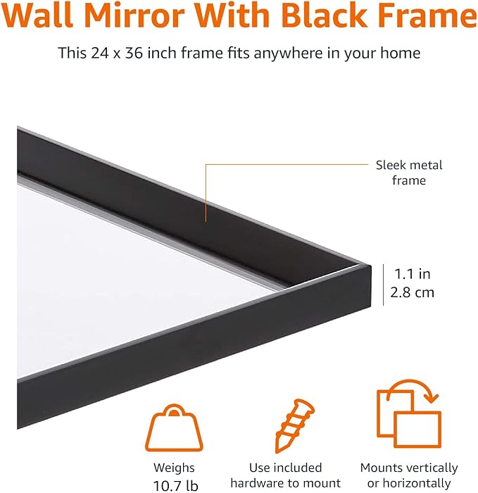 Amazon Basics Rectangular Wall Mount Mirror 24" x 36", Peaked Trim, Black