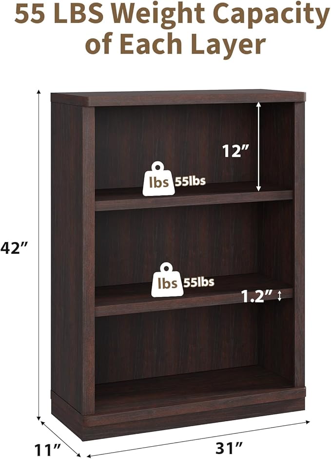 Rresyet 3 -Tier Bookcase and Book Shelf, 31” Wide Bookshelves, Wooden Bookcase Display Storage for Home Office, Living Room and Study Room (Cherry)