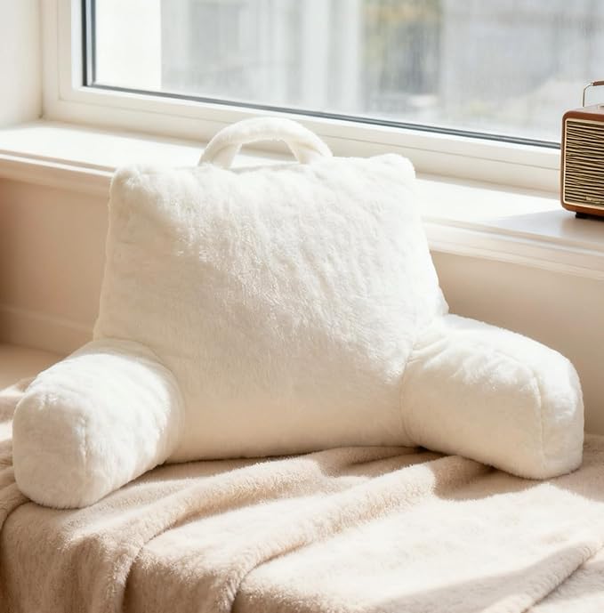 NOONTIDE Reading Pillow for Adults Sitting in Bed:Large Back Pillow with Detachable Neck Roll and Individual Cushion，Cover Washable Sit up Pillow,Watching TV/Gaming/Relaxing(FurryWhite)