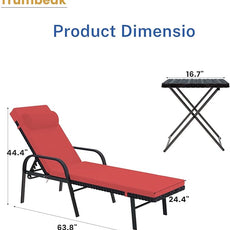 Patio Chaise Lounge Set 3 Pieces Pool Lounge Chairs,Cushioned Outdoor Folding Lounge Chair w/Arm and Rattan Adjustable Backrest for Poolside Porch,Folding Table Included,Red