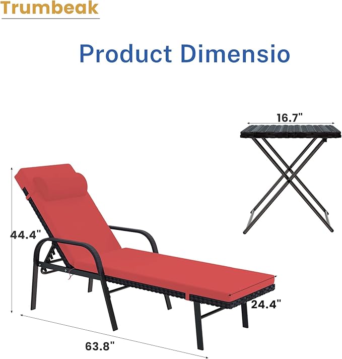 Patio Chaise Lounge Set 3 Pieces Pool Lounge Chairs,Cushioned Outdoor Folding Lounge Chair w/Arm and Rattan Adjustable Backrest for Poolside Porch,Folding Table Included,Red
