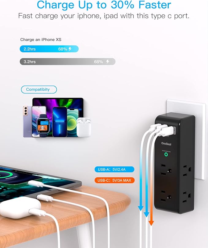 Surge Protector Outlet Extender with Rotating Plug, 6 AC Multi Plug Outlet with 3 USB Ports (1 USB C), 1800 J, 3-Sided Swivel Power Strip with Spaced Outlet Splitter for Dorm Office, Black-2 Pack