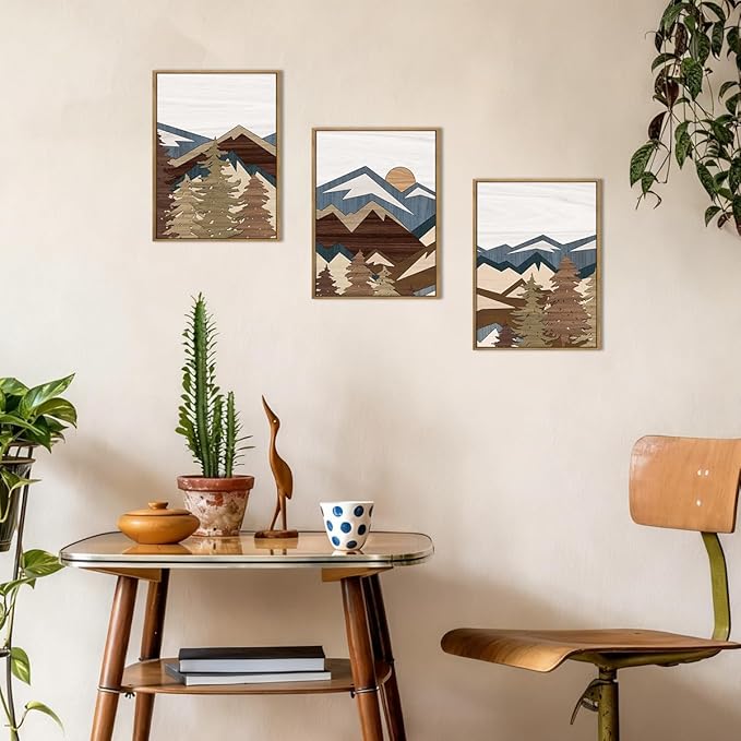 BINCUE Framed Mountain Wall Art Boho Landscape Wall Decor Mountain Artwork for Office Living Room Bedroom 12" Lx16 W Set of 3