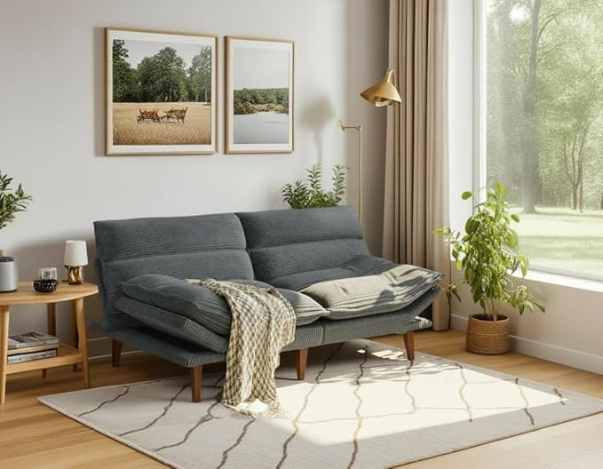 Amada Convertible Futon Sofa Bed - Corduroy Loveseat with Adjustable Backrest & Armrests, Thickened Seat Cushion, Small Space Sleeper Couch for Apartment, Study Room & Office（Charcoal Gray，66 Inch ）